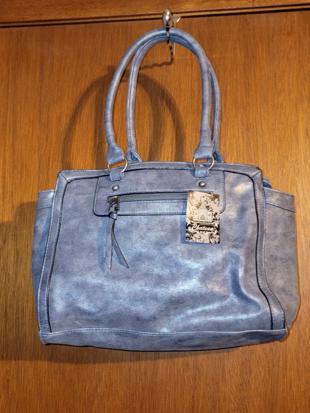 Chateau Blue Gray Metallic Purse Faux Leather Handbag